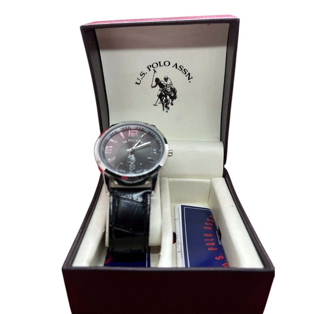 US Polo Assn Mens Watch Black Leather Band Stainless Steel Case